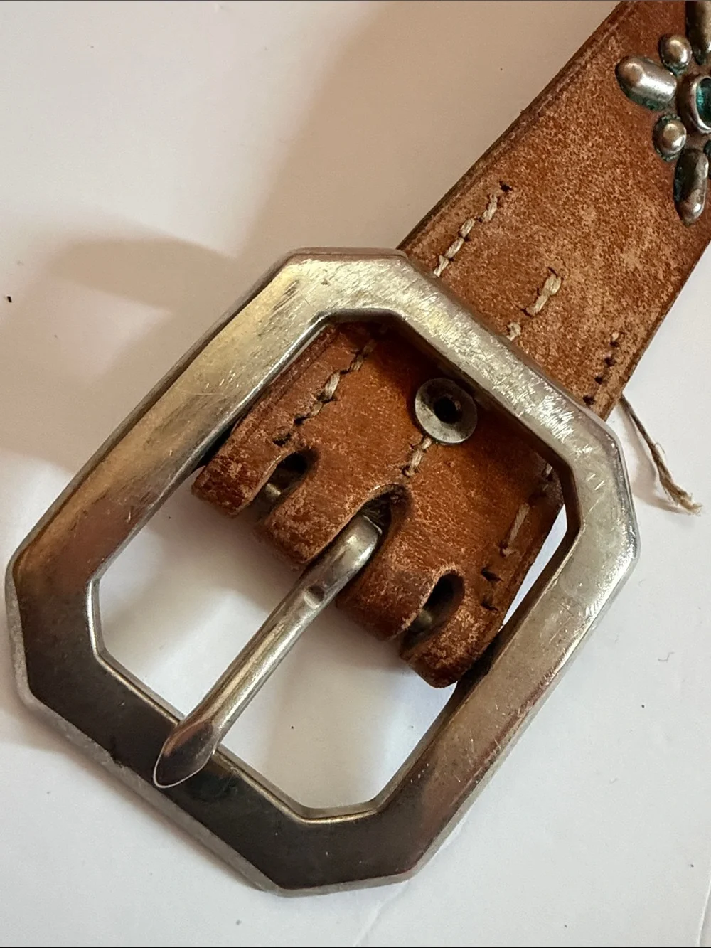 Vintage Brown Leather Belt 2” Studded NEW YORK Turquoise Western Y2K 38”
